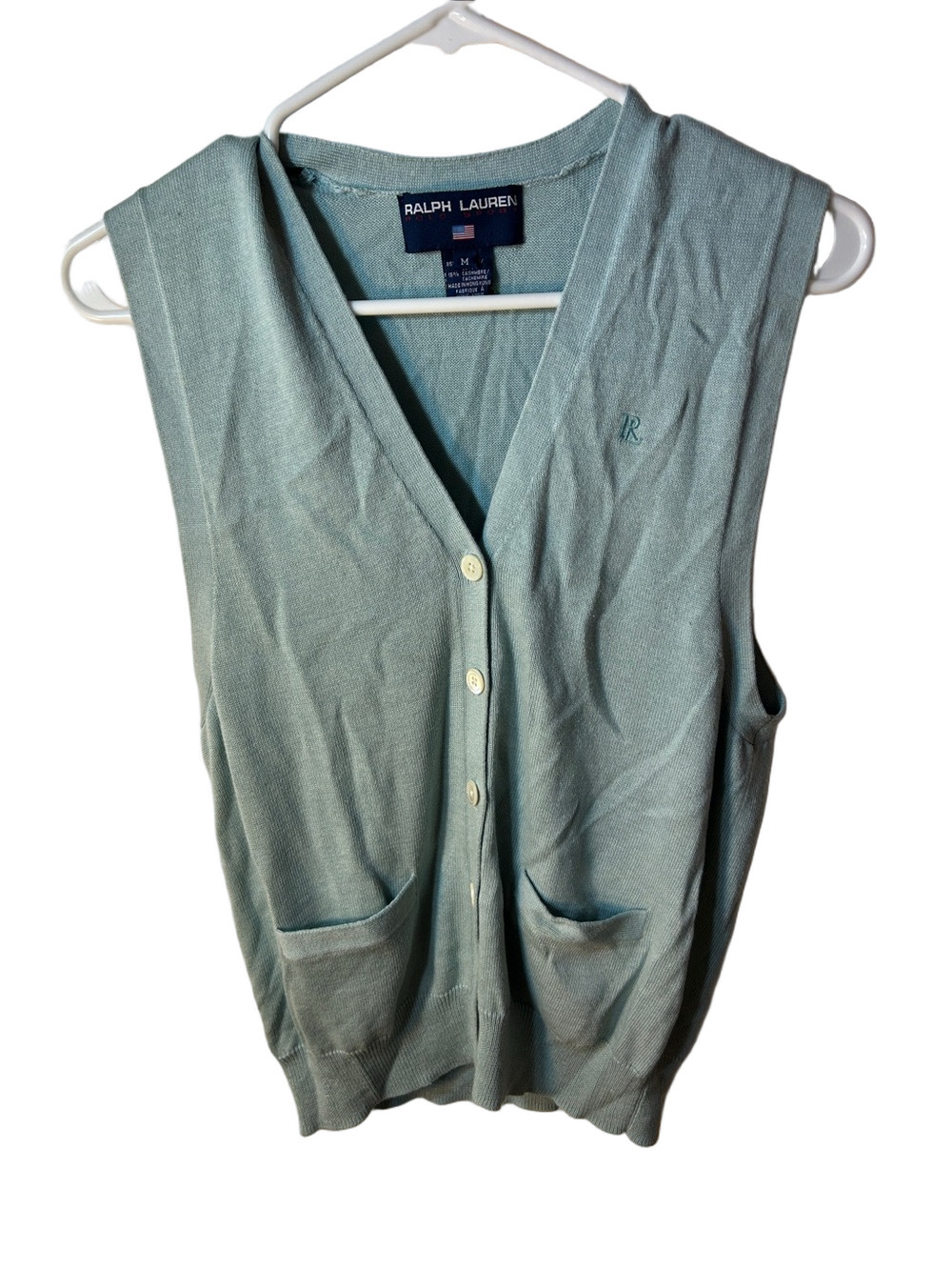 Vintage Ralph Lauren Women's Mint Green Sleeveless V-Neck Cardigan Vest Medium
